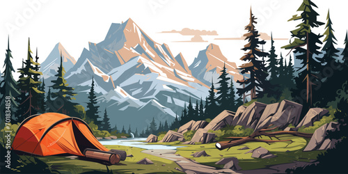 Tents and camping in green summer nature, river and mountains, landscape background, Nature tour, generative ai