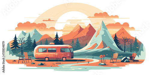 Tents and camping in green summer nature, river and mountains, landscape background, Nature tour, generative ai