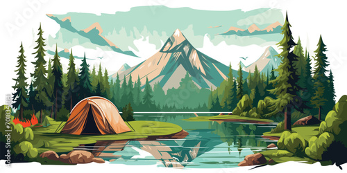 Tents and camping in green summer nature, river and mountains, landscape background, Nature tour, generative ai