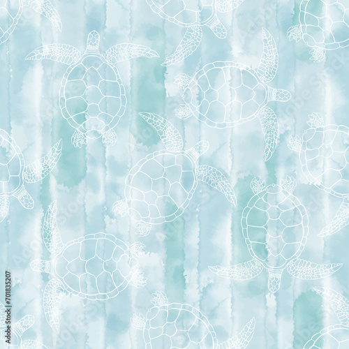 Sea art background. Seamless pattern on the marine theme with turtles on blue watercolor background. Vector. Perfect for design templates, wallpaper, wrapping, fabric and textile.