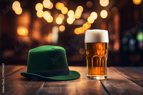 Glass of beer with foam, green leprechaun hat on wooden pub table, Patricks Day photo