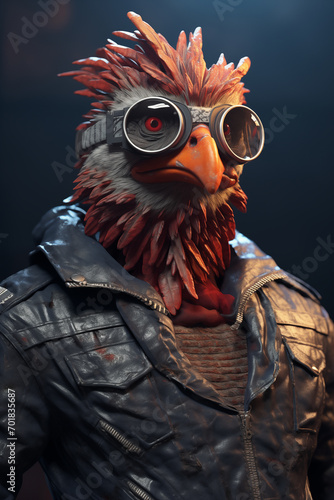 Un coq stylé avec des lunettes, habillé avec un blouson en cuir photo