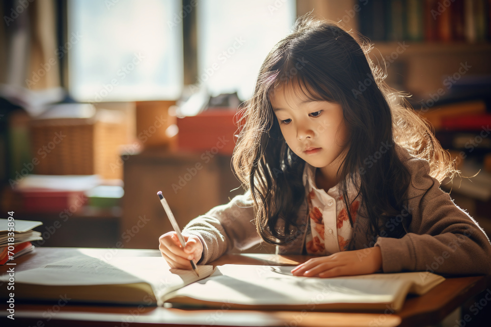A little girl sits in her room doing homework and learning. Ai generate. A little girl sits in her room doing homework and learning. Ai generate.