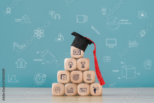 Education learning concept.Wooden cube with icons of education, Ai, qualification, cv, resume, skills and experience. photo