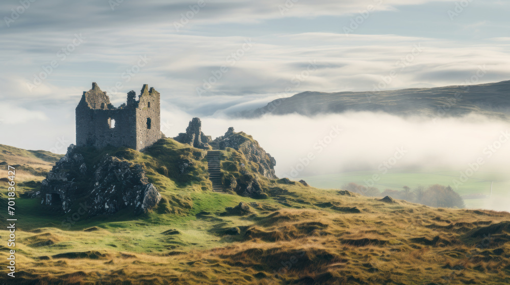 Medieval castle overlooking misty valley at dawn