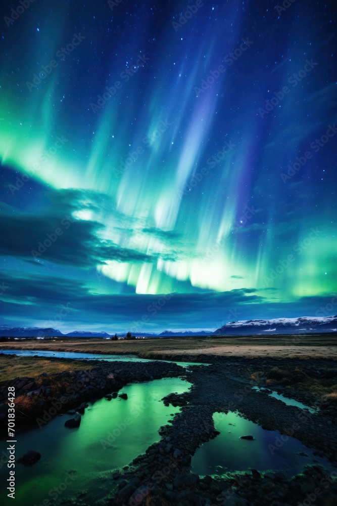 Northern lights dancing above tranquil rocky shoreline