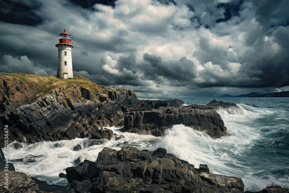 Lighthouse atop rugged cliffs with stormy skies