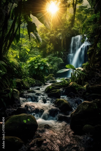 Majestic waterfall in dense tropical rainforest and sunlight