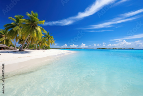 Pristine tropical beach with palm trees and clear blue water