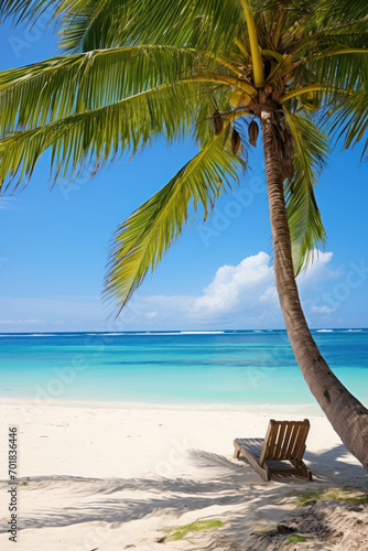 Lone beach chair under palm tree on tropical beach
