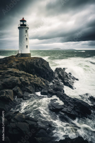 White lighthouse with red top amidst stormy weather