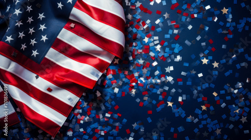 American flag, confetti stars on blue background with copy space. photo