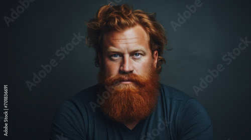 Headshot of red haired serious young male blogger looks confidently at camera, thinks about new content of his web page, dressed casually, earns money distantly, isolated over dark studio background