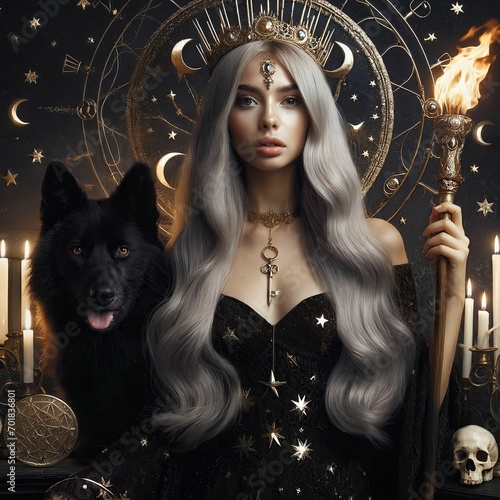 Hecate goddess of magic, the moon, animals, necromancy. Titan and goddess of Olympus with a black wolf. Hekate. Ancient Greek mythology. Demonic cult. Forbidden beliefs. Torch. Key. Generative AI. photo