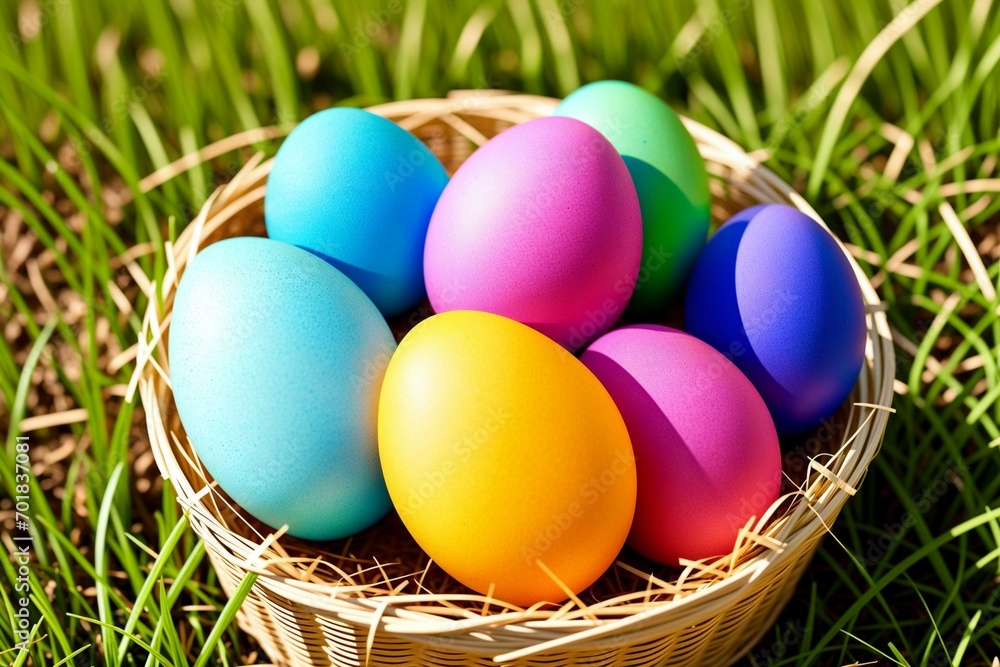 Colorful easter eggs in a basket on green grass background.