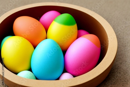 Colorful easter eggs in a basket on green grass background.