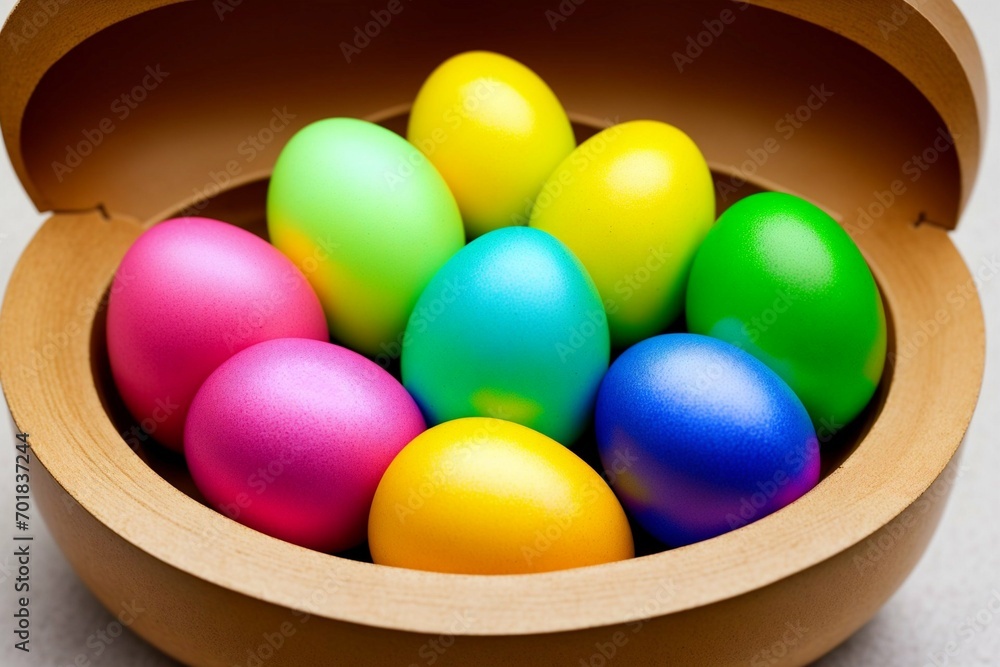 Colorful easter eggs in a basket on green grass background.