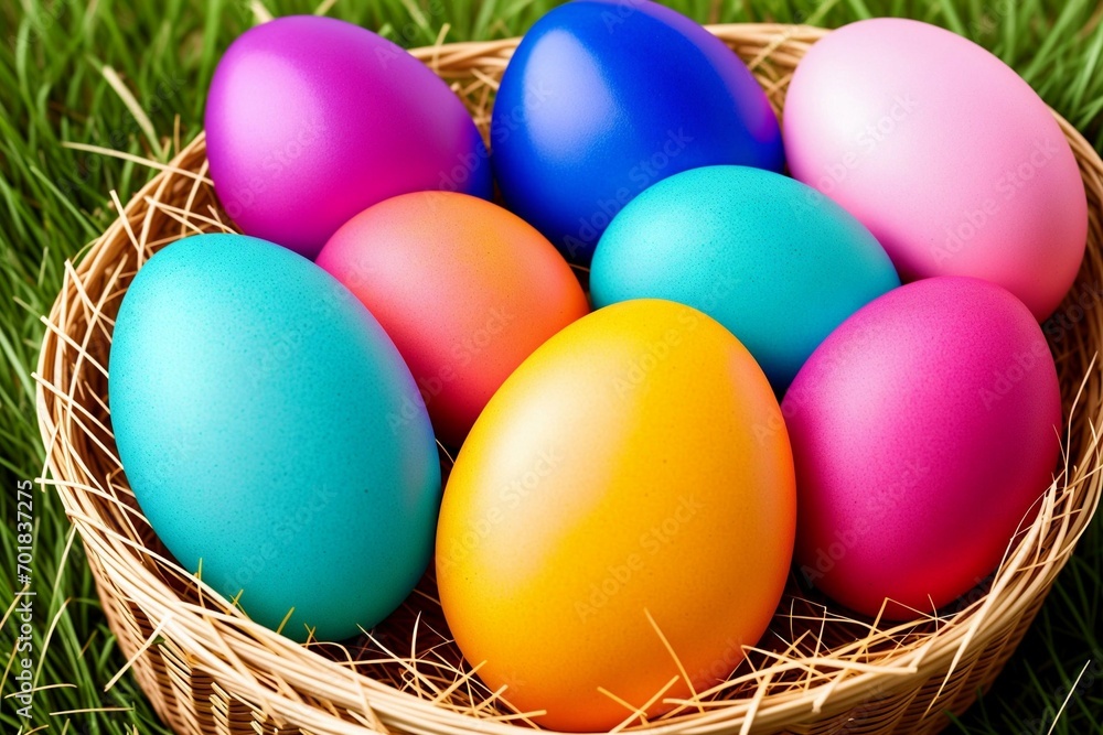 Colorful easter eggs in a basket on green grass background.