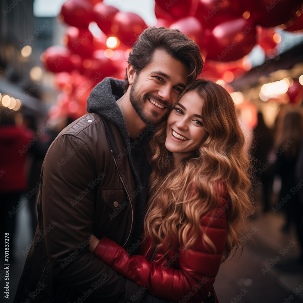 Beautiful couple with red balloons. Couple celebrate valentines day surrounded by red balloons. Romantic celebration for Valentine's Day Beautiful couple with red balloons. Couple celebrate valentines day surrounded by red balloons. Romantic celebration for Valentine's Day