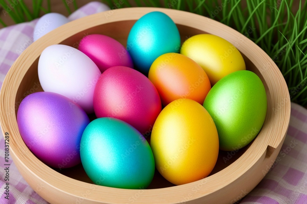 Colorful easter eggs in a basket on green grass background. Colorful easter eggs in a basket on green grass background.