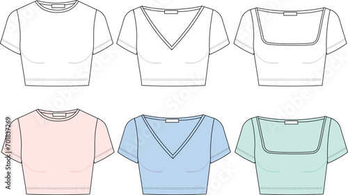 Set of Crop Top technical fashion illustration. Tee Shirt fashion flat technical drawing template, round neck, square neck, v-neck, slim fit.
