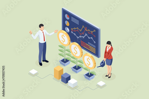 Isometric Expert team for Data Analysis, Business Statistic, Management, Consulting, Marketing. Communication and contemporary marketing. Corporate people working together