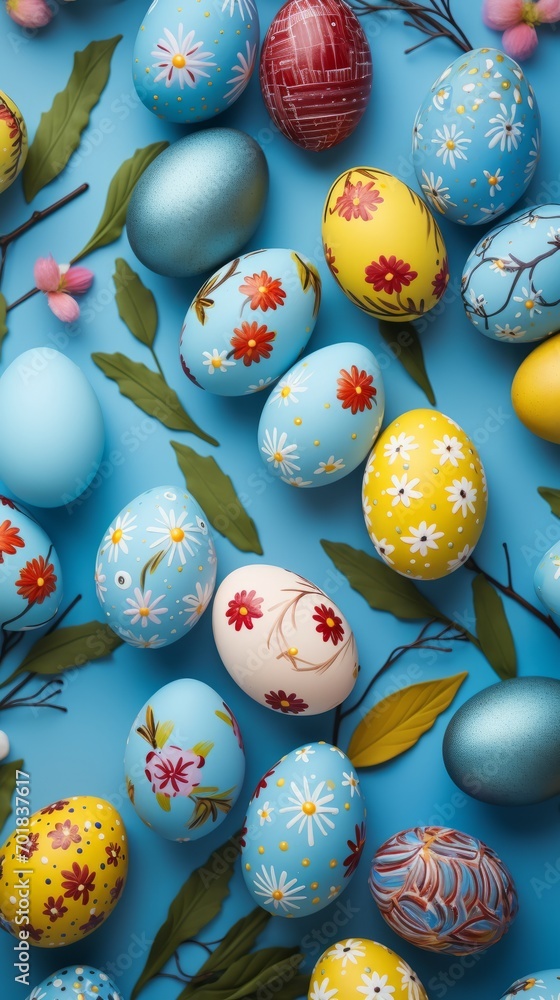 Colorful Easter eggs on a light blue background