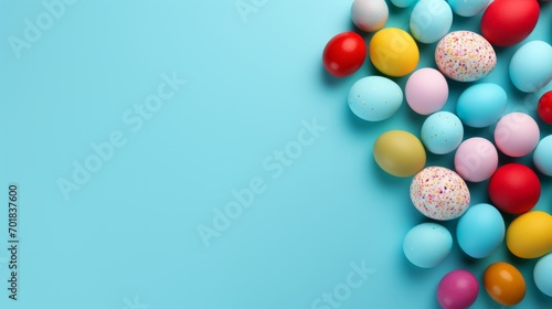 Colorful Easter eggs on a light blue background
