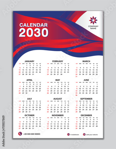 Wall calendar 2030 template on red wave background, calendar 2030 design, desk calendar 2030 design, Week start Sunday, flyer, Set of 12 Months, organizer, planner, printing media