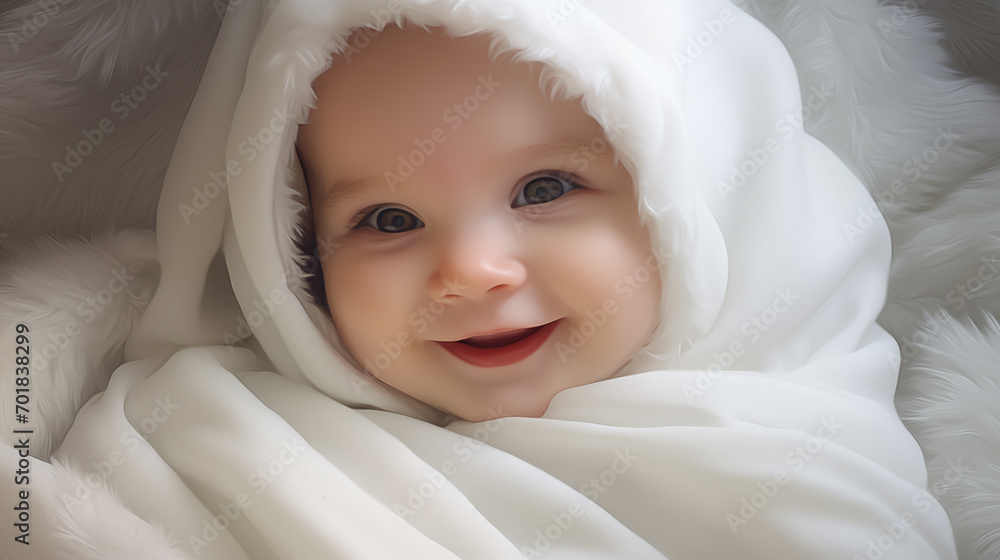 A smiling white baby is covered in white soft blanket, top view. A smiling white baby is covered in white soft blanket, top view.