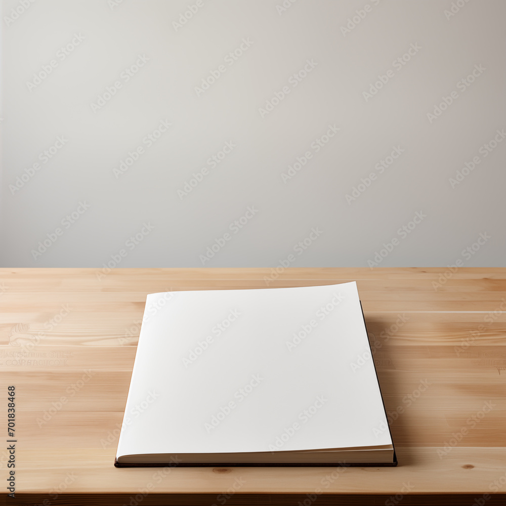 Mockup slim saddle stitched book with clear white cover on a wooden desk and light gray background. Home Interior ambiance. Mockup slim saddle stitched book with clear white cover on a wooden desk and light gray background. Home Interior ambiance.
