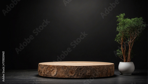 tree trunk podium for presentation product black background