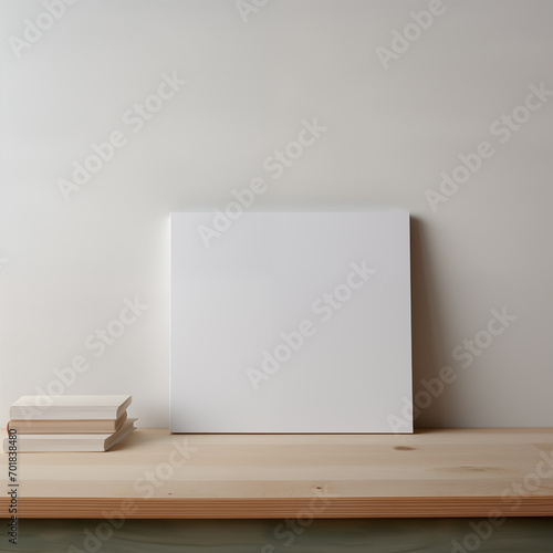 Mockup standing book with clear white cover on a wooden desk with small books beside, beige background. Home Interior ambiance. © Kanlayarawit