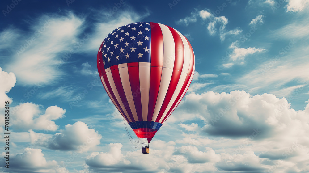 Fototapeta premium A hot air balloon, an airship flies in the clouds of the sky in the color of the flag of the United States of America.