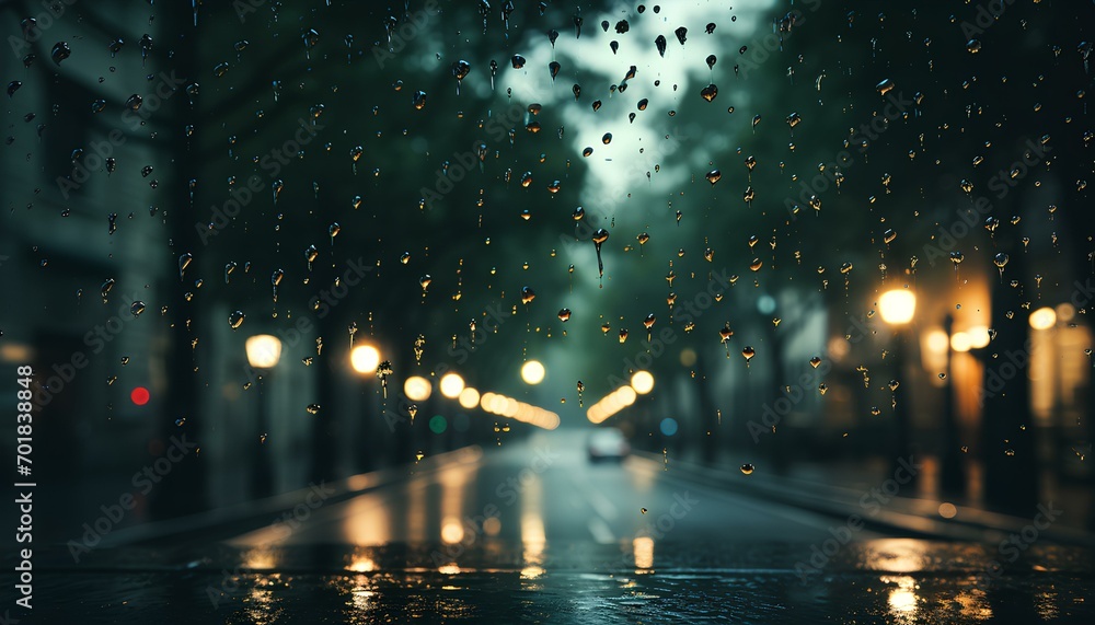 night city street. rain drops on window. raindrops on window. moody weather looking through window. rainy window looking to outside. closeup of raindrops on window