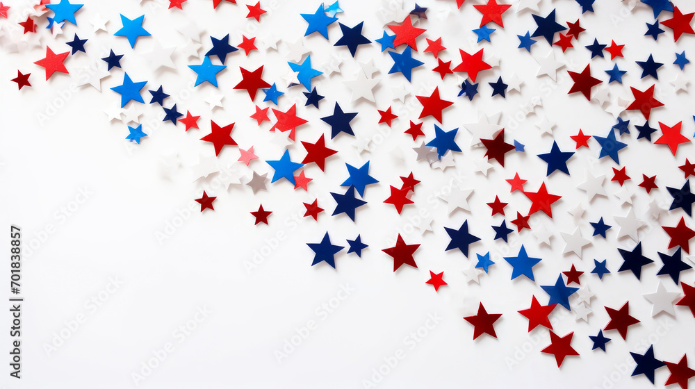 Star confetti in the colors of the United States of America flag on a white background. Star confetti in the colors of the United States of America flag on a white background.
