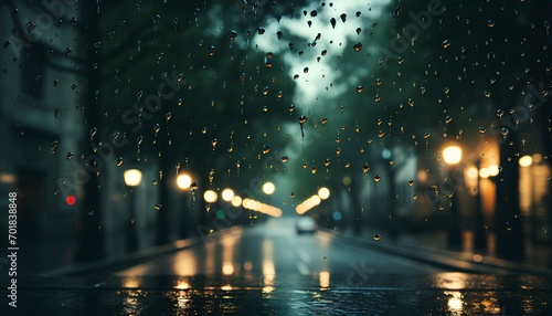 night city street. rain drops on window. raindrops on window. moody weather looking through window. rainy window looking to outside. closeup of raindrops on window