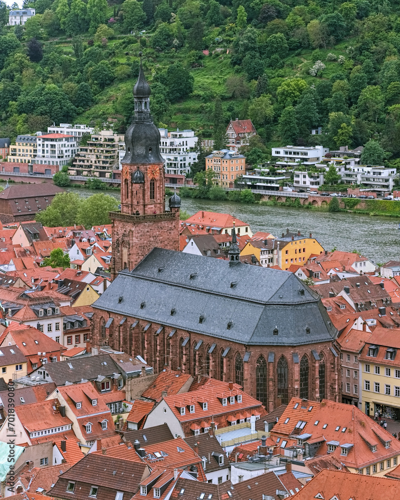 Church of the Holy Spirit in Heidelberg Old Town, Germany. View from the lower slope of Konigstuhl hill. The church was constructed between 1398 and 1515.