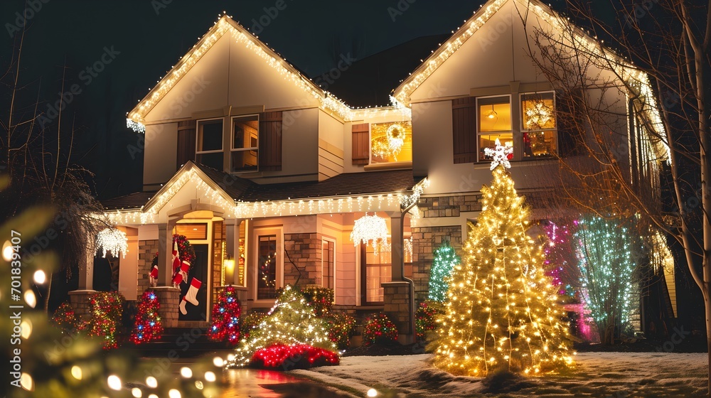 A House Illuminated with Festive Holiday Christmas Lights 