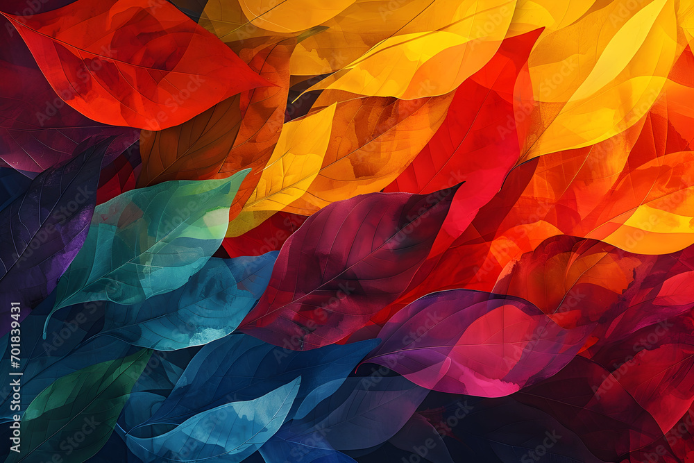 An abstract background of autumn patterns and pride colors for LGBTQIA+ History Month in October, with plenty of negative space, - obrazy, fototapety, plakaty 