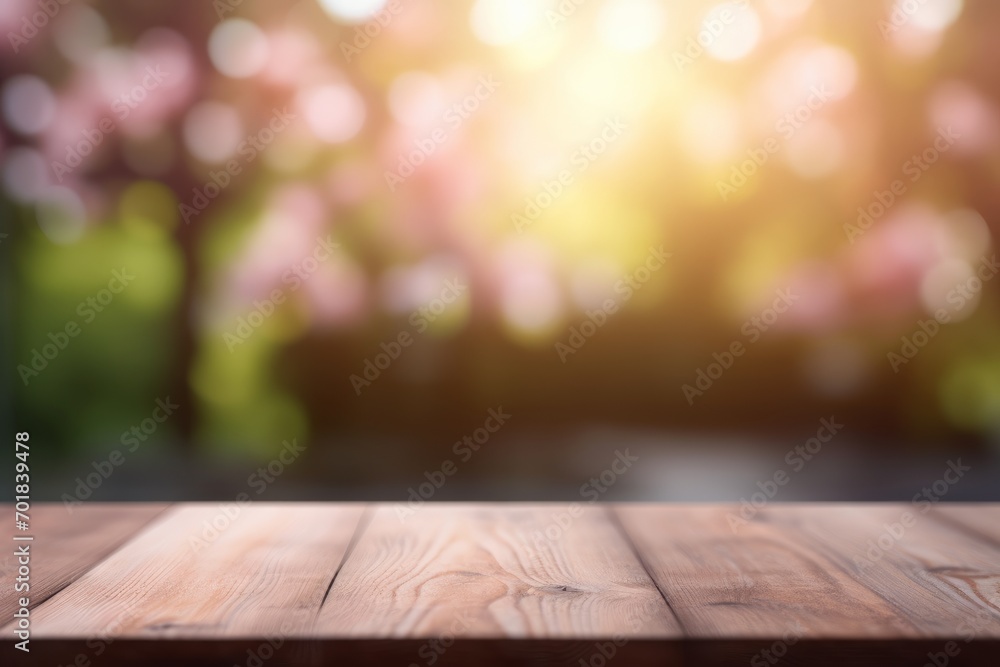 An empty wooden table top overlooking a blooming spring garden. Blurred background. An empty wooden table top overlooking a blooming spring garden. Blurred background.