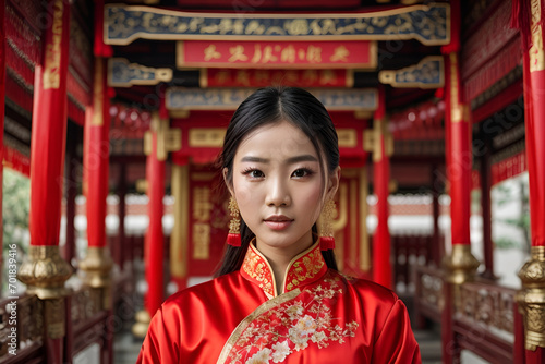 Asian young female model fashion red Chinese dress in the China shrine
