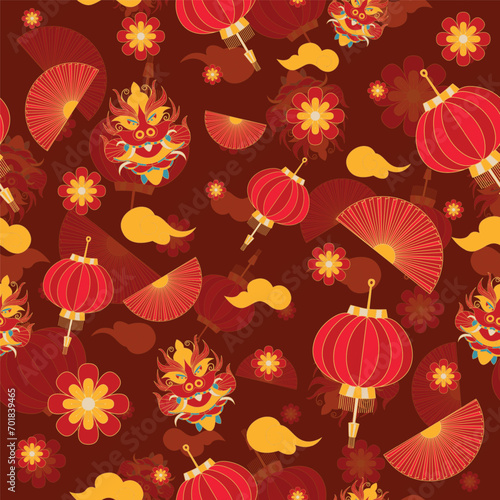 Vector seamless pattern with dragons, flowers, lanterns, and clouds. Chinese New Year pattern design. vector background.