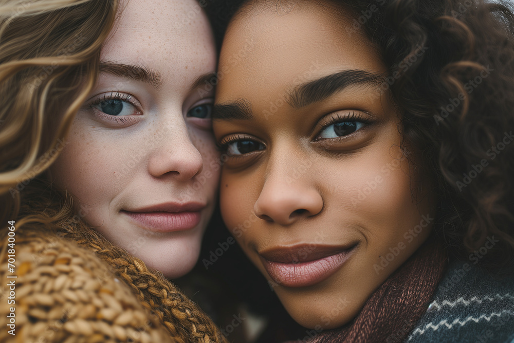 Diverse couple of friends closeup portrait. African American and Caucasian young women leaning cheek to cheek taking a selfie Diverse couple of friends closeup portrait. African American and Caucasian young women leaning cheek to cheek taking a selfie