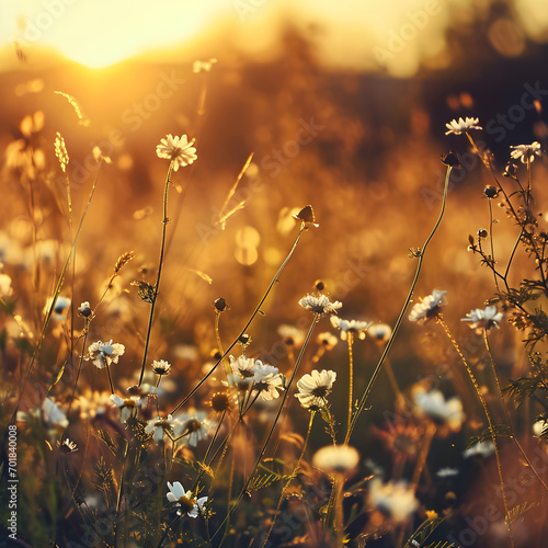 abstract soft focus sunset field landscape of white flowers and grass meadow warm golden hour sunset sunrise time tranquil spring summer nature closeup and blurred forest background idyllic nature