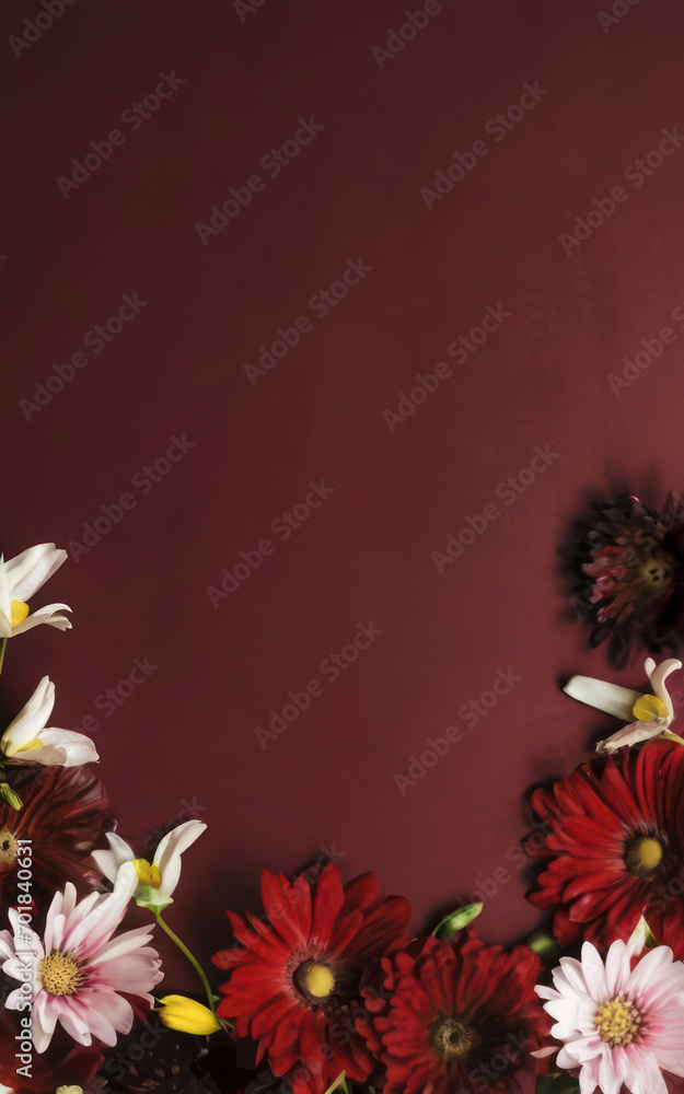 Obraz premium Flat lay of beautiful flowers arrangement on a dark red background