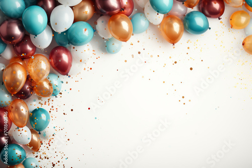 Festive party banner concept frame colored composition with balls, confetti, glitter giftcard copy space white background