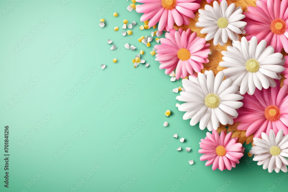 Beautiful spring flowers on the green pastel color background. Springtime composition with copy space.