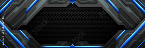 Dark Futuristic Metal and Blue Elegant Border Game Banner Background, Abstract Technology Backdrop for Gamers and Streamers