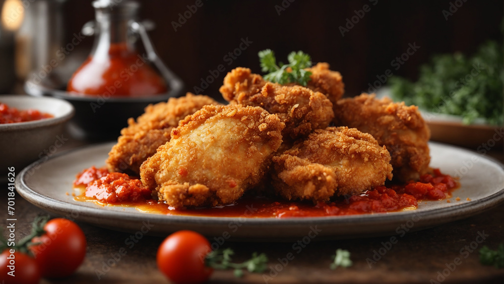 crispy fried chicken on a plate with tomato sauce
